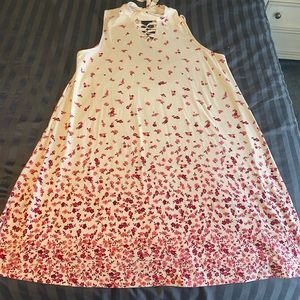 Maternity high neck pink and white dress